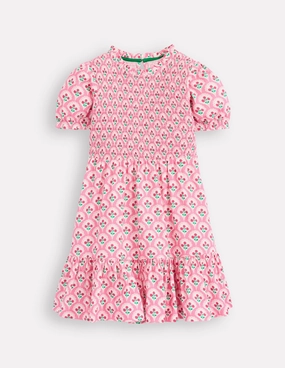 Refined Finish Flexible Layers Aurora Shirred Twirly Dress-Pink Rose Woodblock Floral