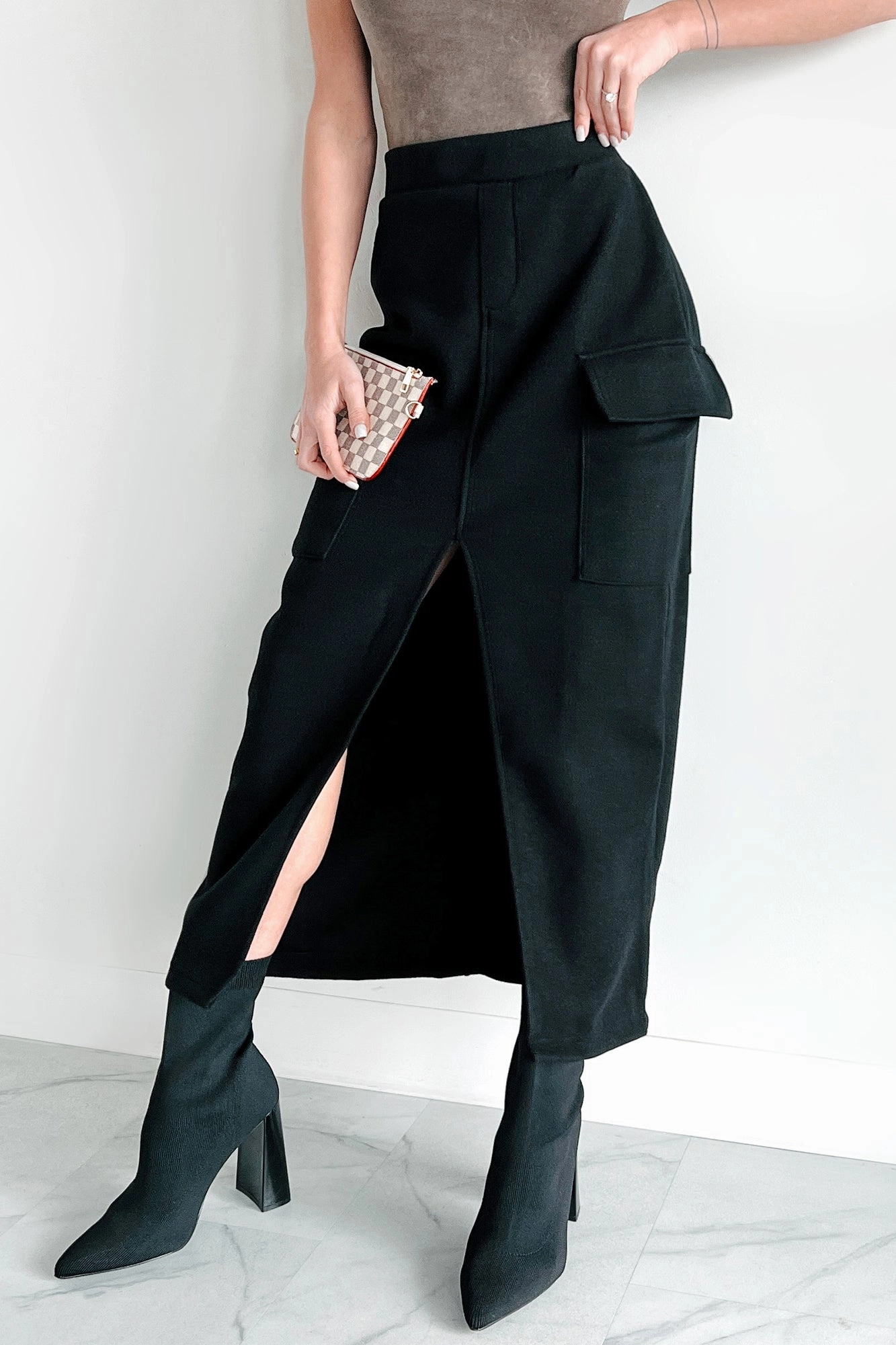 Setting New Standards Brushed Knit Cargo Midi Skirt (Black) Flexible Cut