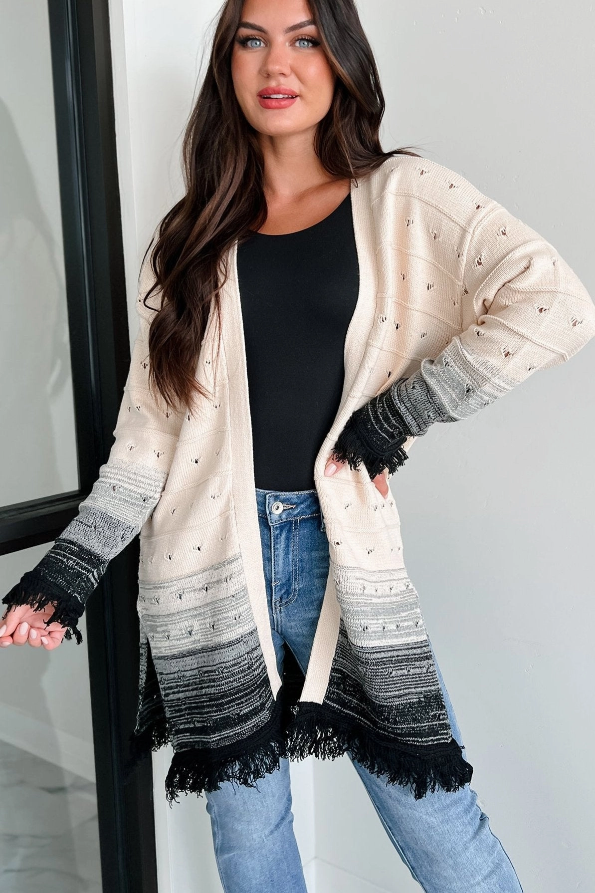 Textured Weave Pattern Autumn Weather Ombre Fringe Cardigan (Natural/Black)
