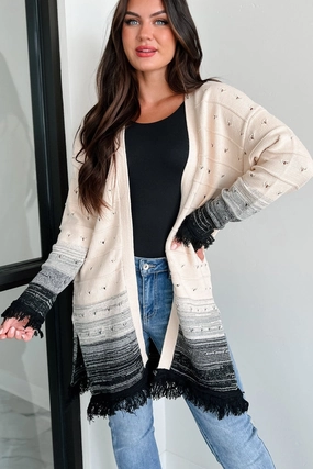 Tagless Collar Autumn Weather Ombre Fringe Cardigan (Natural/Black)