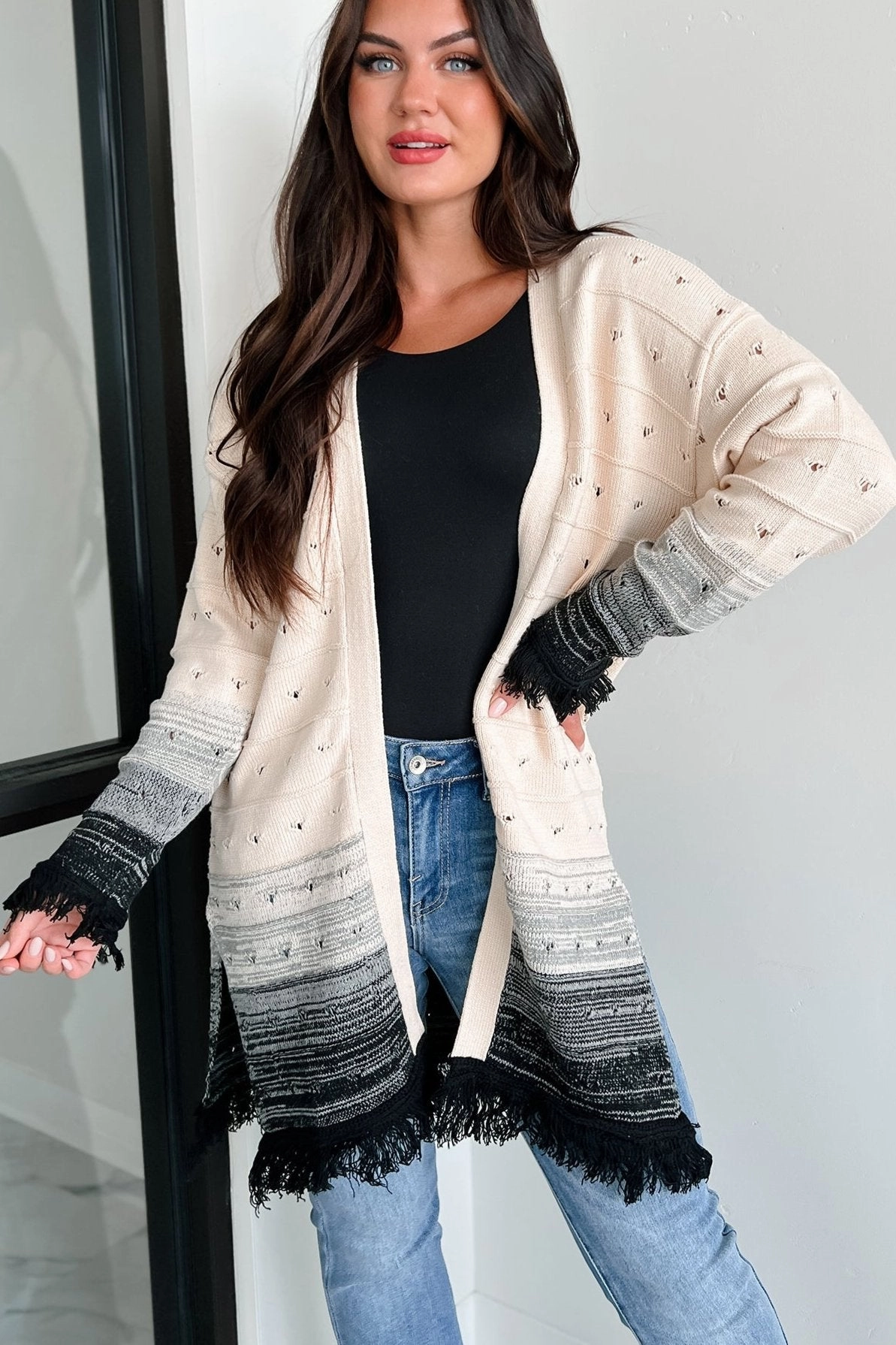 Casual Tank Chic Tee Autumn Weather Ombre Fringe Cardigan (Natural/Black)