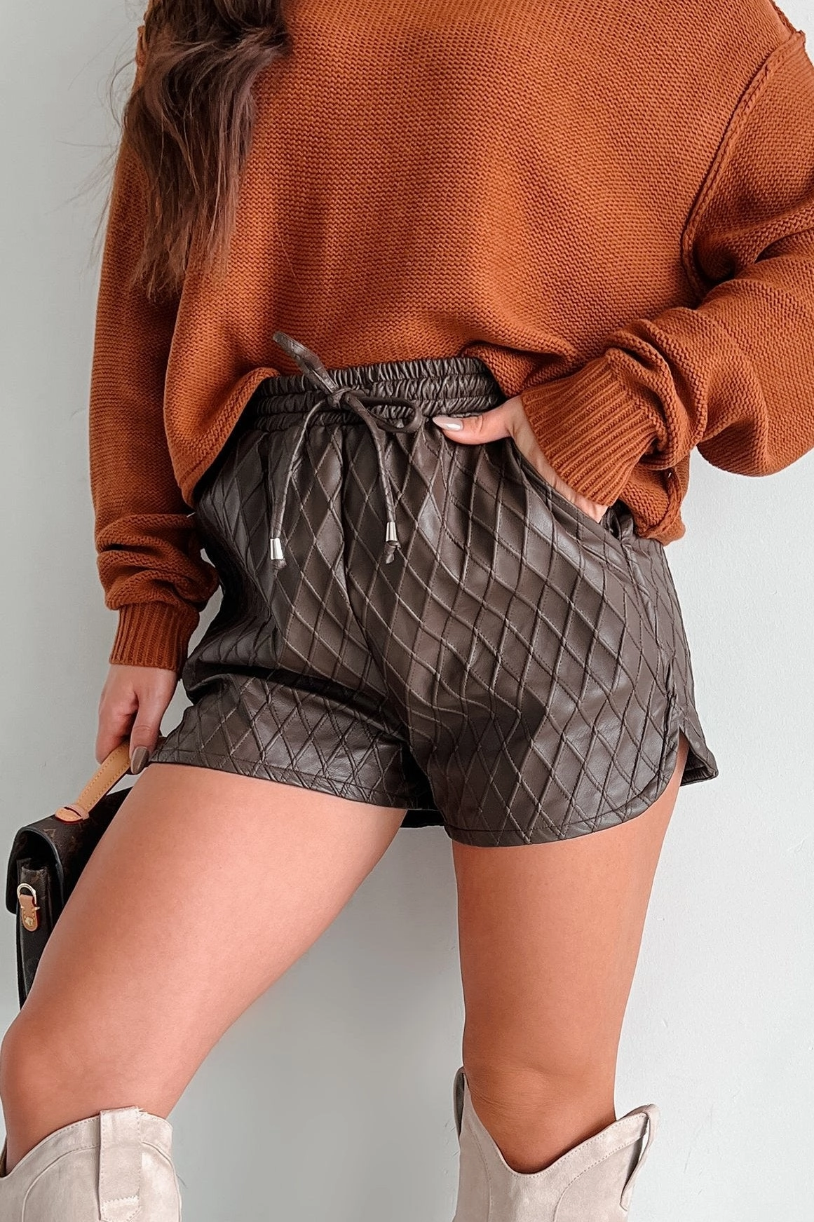 Stop Pretending Faux Leather Quilted Texture Shorts (Chocolate) quick-drying Relaxed Flex