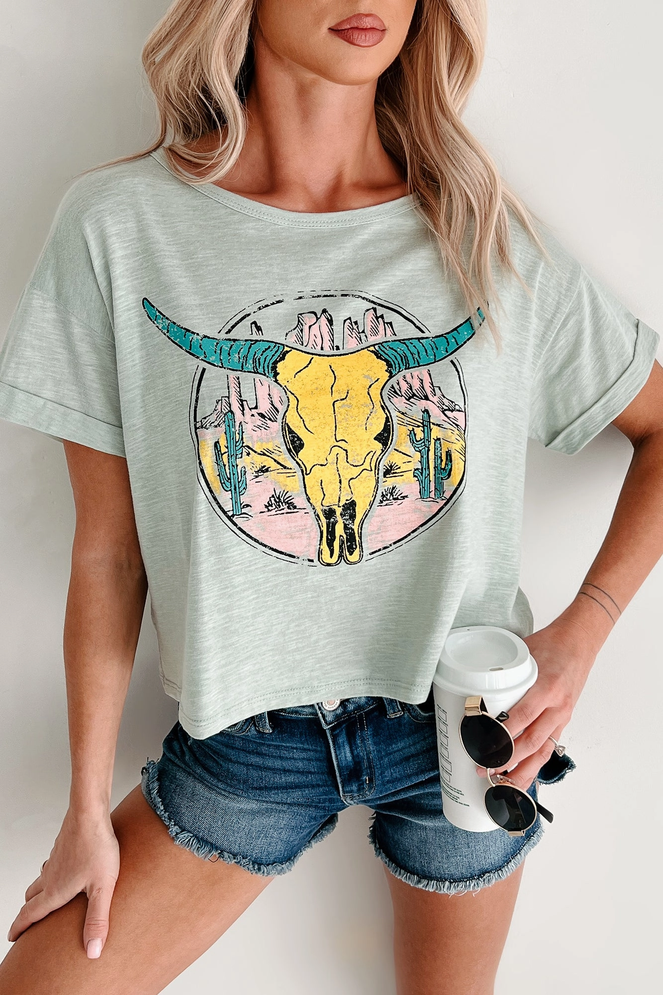 Recycled Polyester AthleisureReady Back In The Saddle Boxy Bull Skull Graphic T-Shirt (Sage)