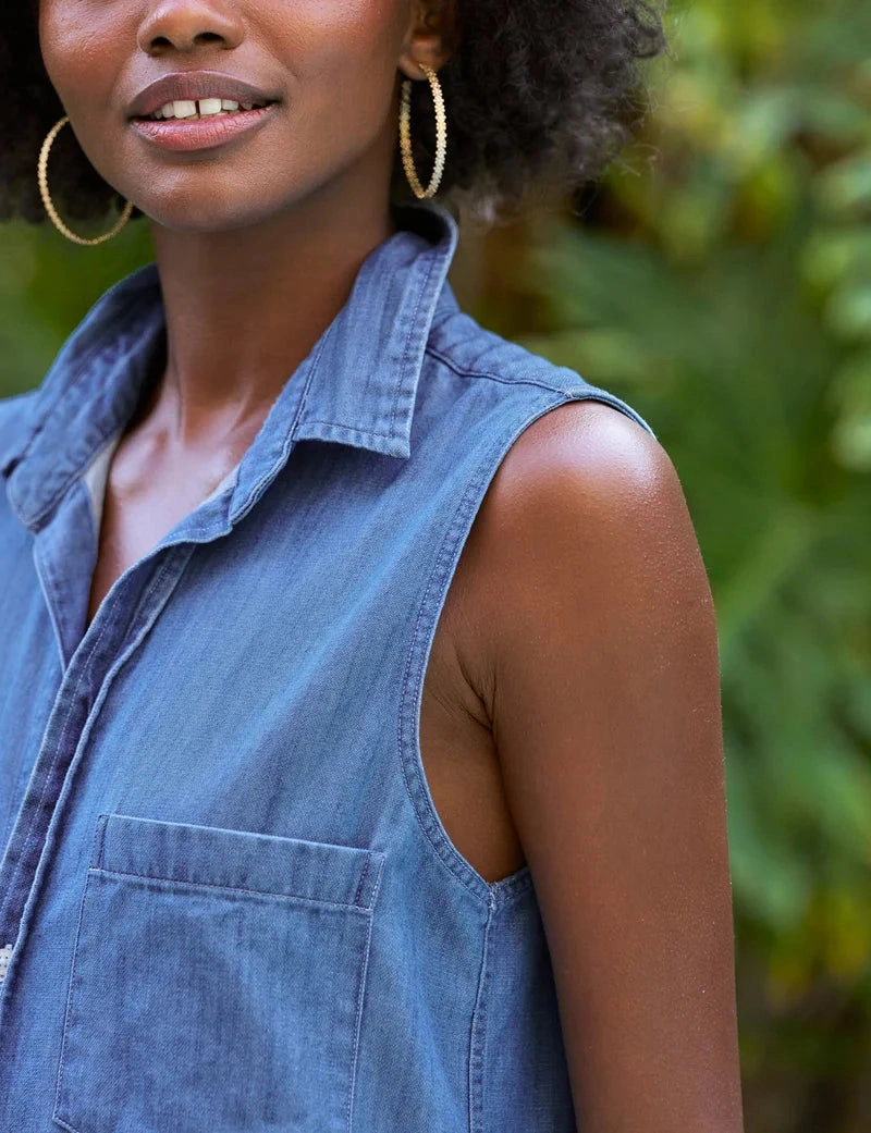 Rory Maxi Sleeveless Shirtdress Vintage Stonewashed Indigo Clean Chic Invisible-Zip