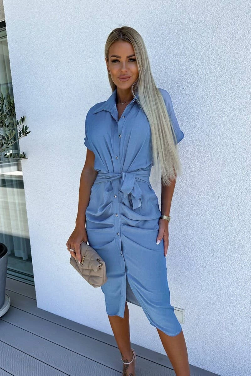 VentilatedMeshPaneling BATWING SLEEVE BELTED SINGLE BREASTED SHIRT DRESS_CWDSD2978