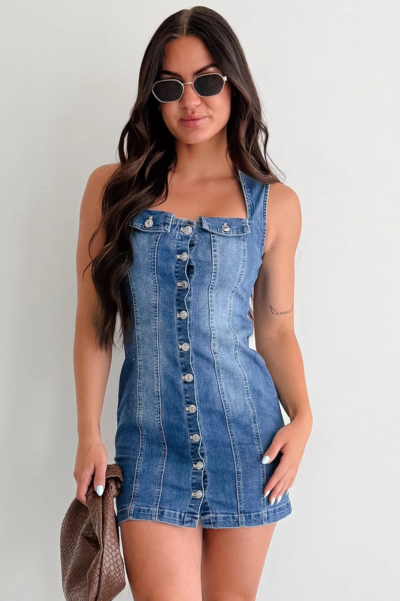 No Bad Days Denim Button Down Mini Dress (Blue) Year Rounder Soft Detail