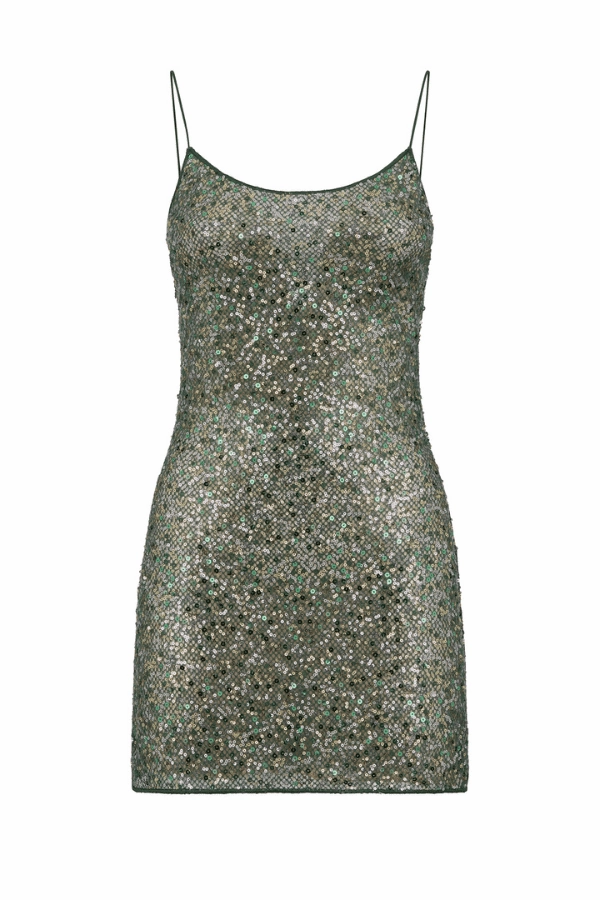 Breathable-Lining Calm Silhouette Netquins Short Dress Metallic Green