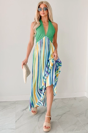Layering Comfort Beauty Awaits Striped Halter Maxi Dress (Green)