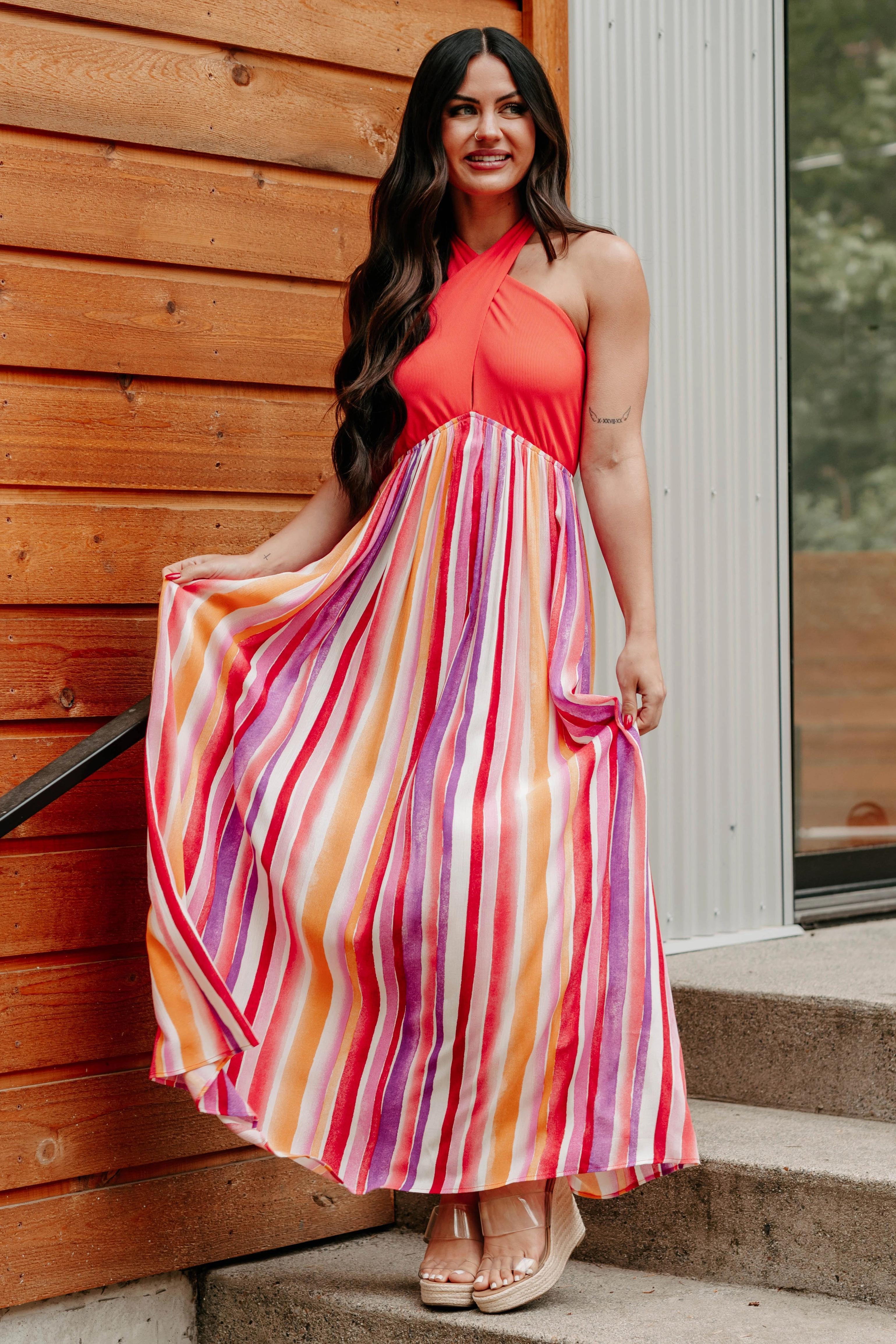 Beauty Awaits Striped Halter Maxi Dress (Tomato Red) Movement Feel