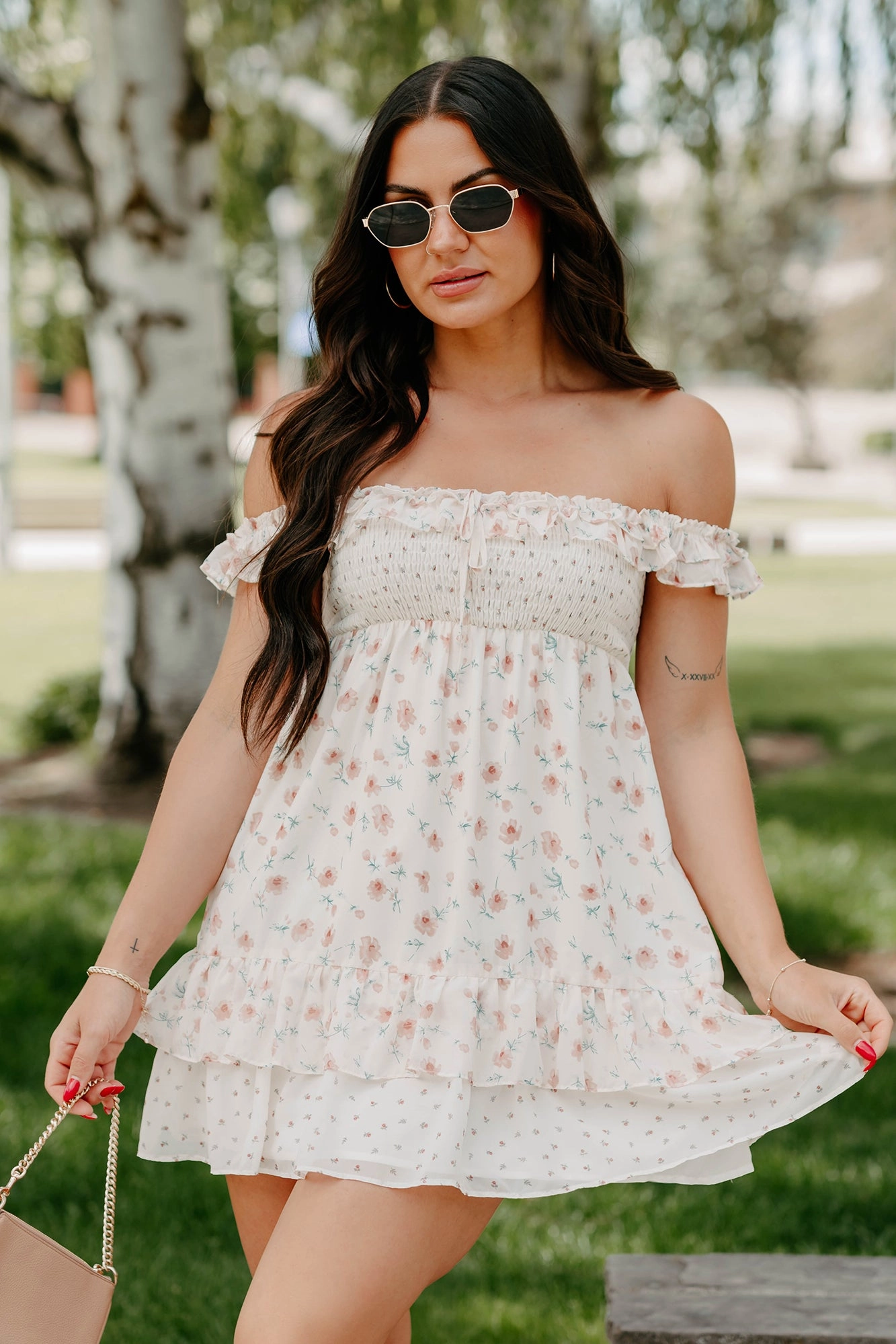 Becoming Her Off The Shoulder Floral Mini Dress (Cream) Wardrobe-Staple