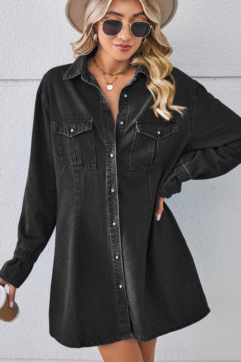 Fit Vibe Chic Statement BELL SLEEVE LOOSE CARDIGAN DENIM SHIRT DRESS_CWDSD2576