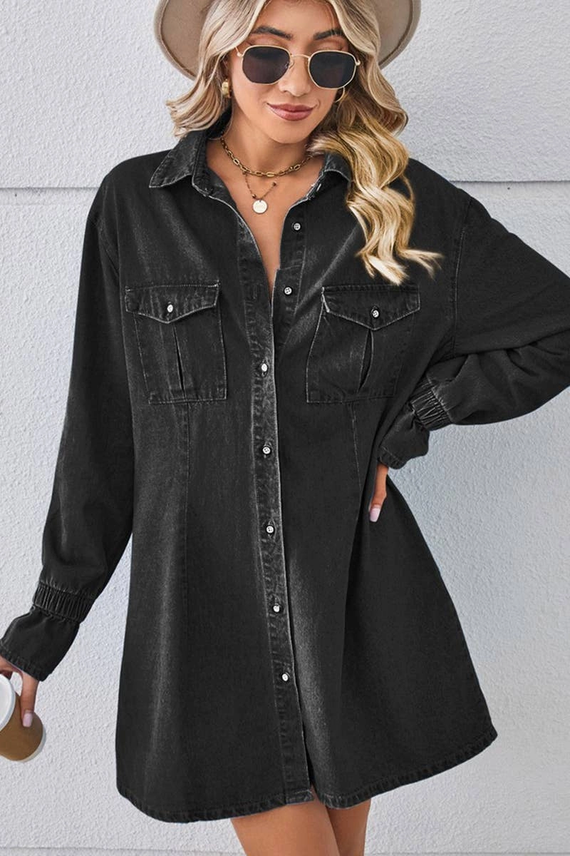BELL SLEEVE LOOSE CARDIGAN DENIM SHIRT DRESS_CWDSD2576 travel mode Balanced Lines