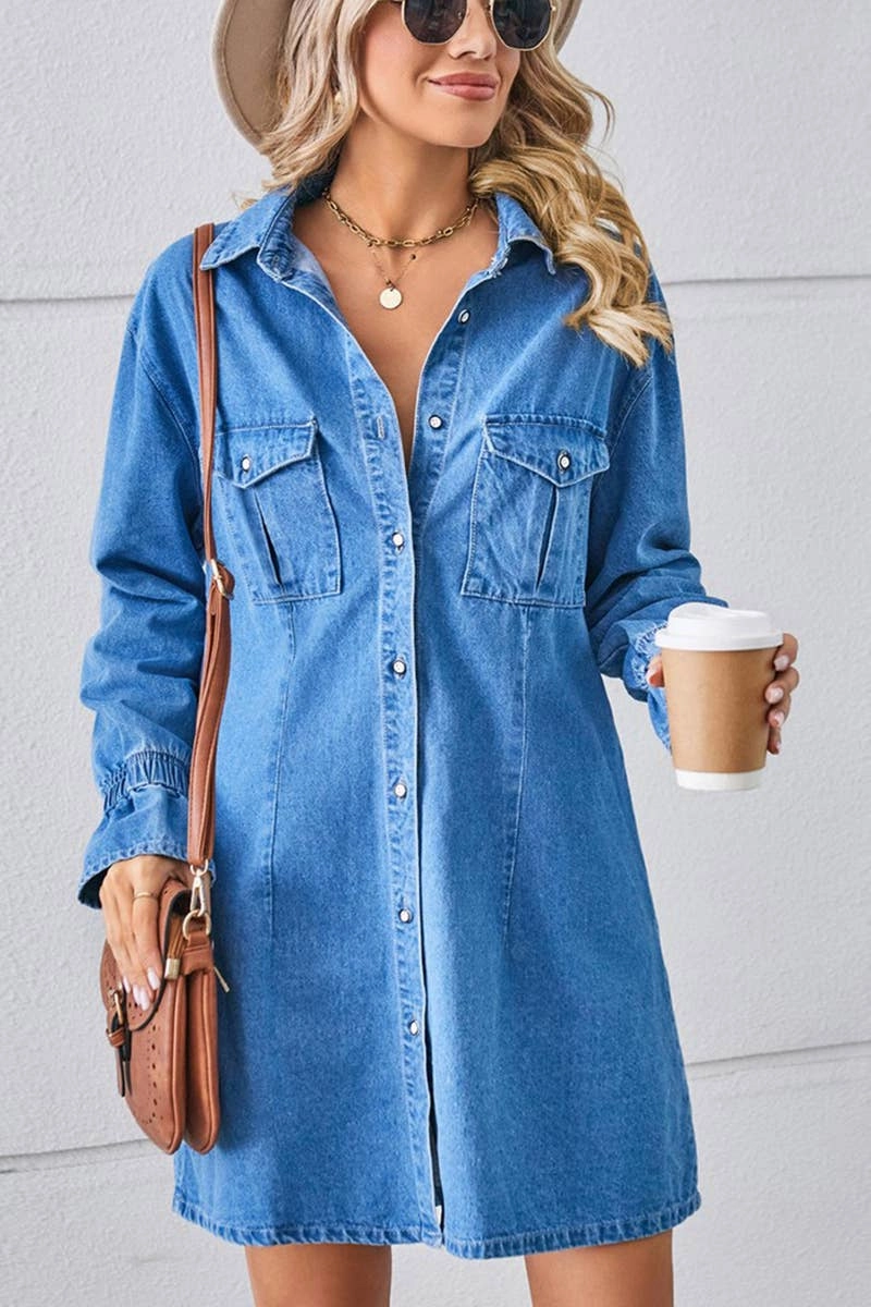 Sage Glow Flow Sleeve BELL SLEEVE LOOSE CARDIGAN DENIM SHIRT DRESS_CWDSD2576