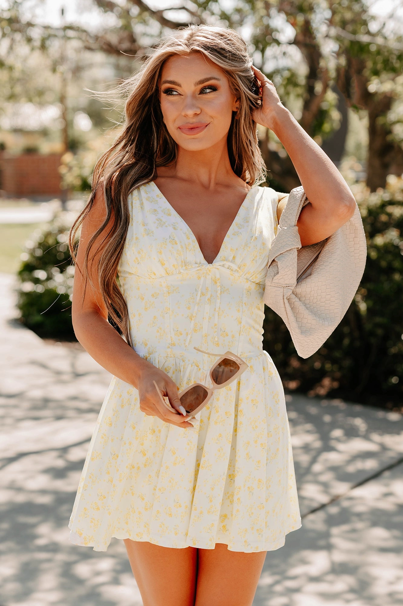 Fitted Base Stop & Bloom Sleeveless Floral Mini Dress (Yellow)