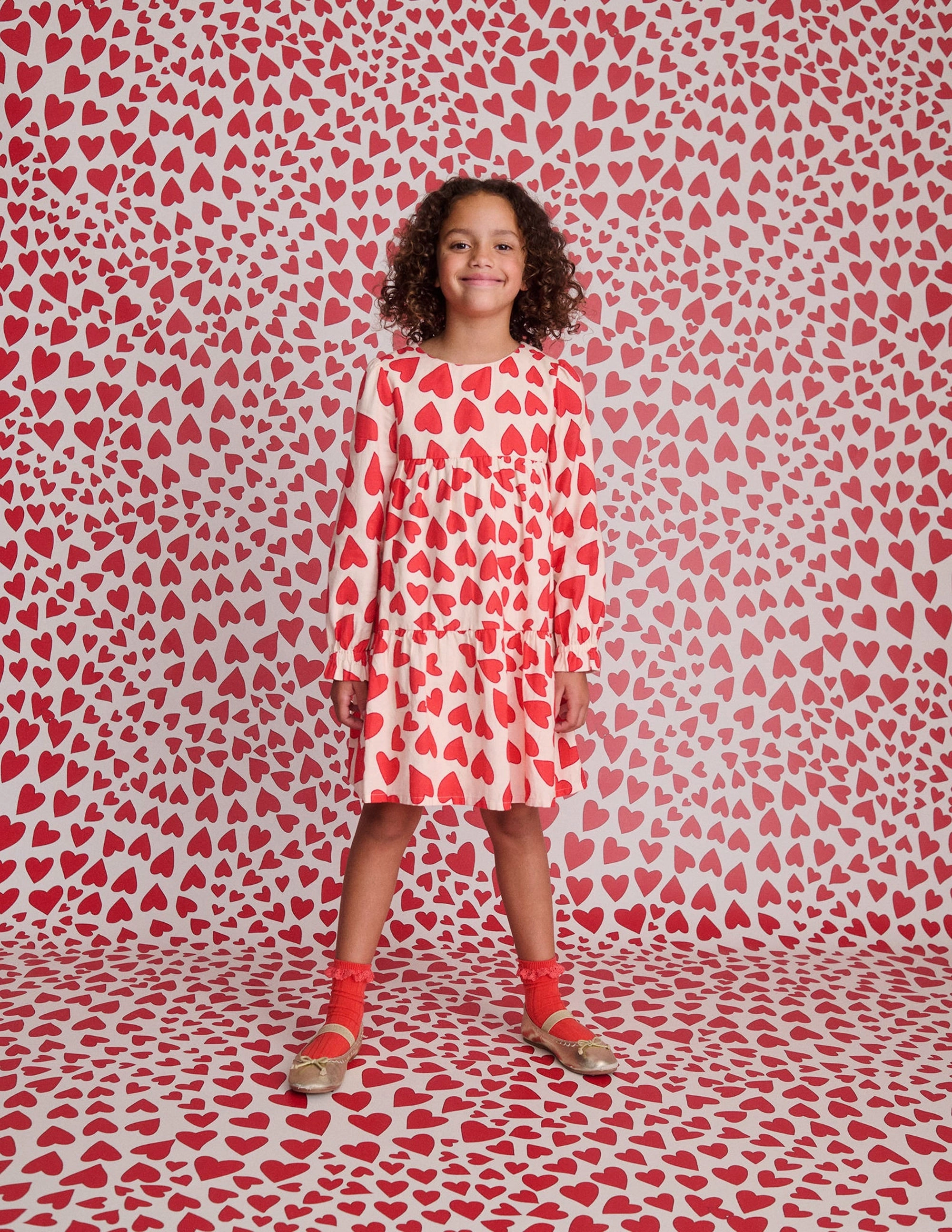 Betsy Tiered Twirly Dress-Poppy Red Hearts Mid layer Sweetheart Cut