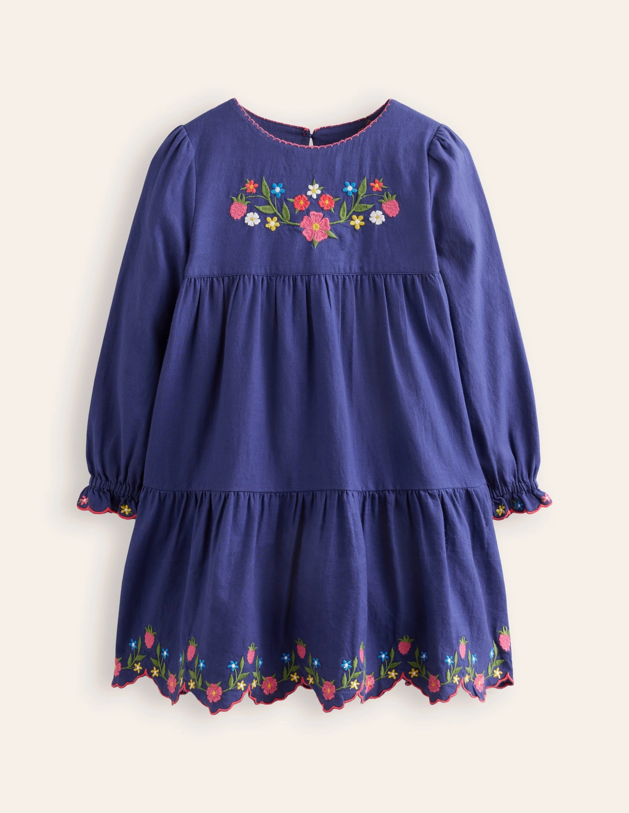 Betsy Tiered Twirly Dress-Starboard Navy Embroidery Flare Hem Bright Appeal