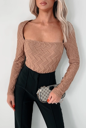 Cool Weather Better Be Nice Textured Long Sleeve Bodysuit (Khaki)