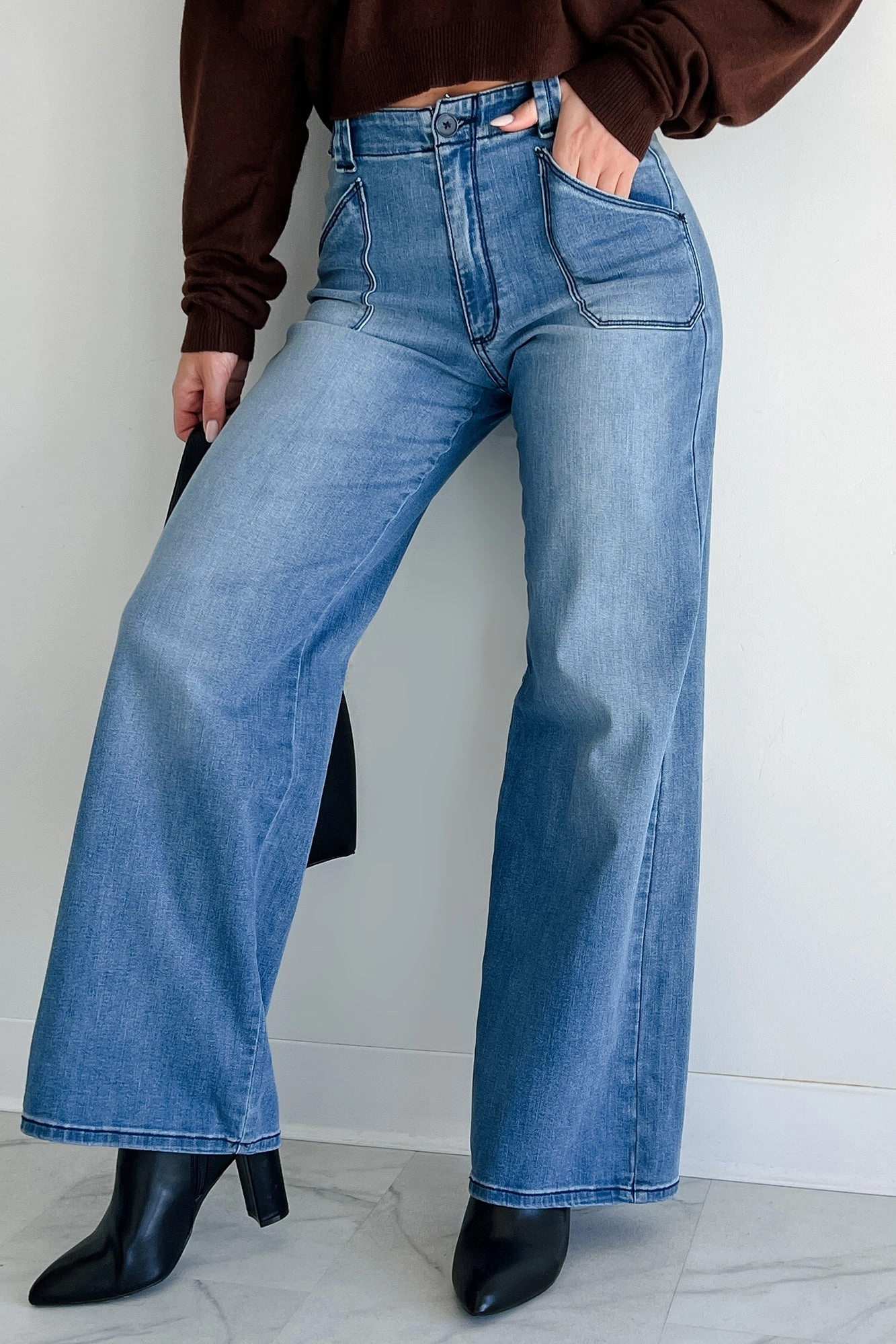 Betty Non-Distressed High Rise Wide Leg Sneak Peek Jeans (Medium Light) Friction Resistant Fabric
