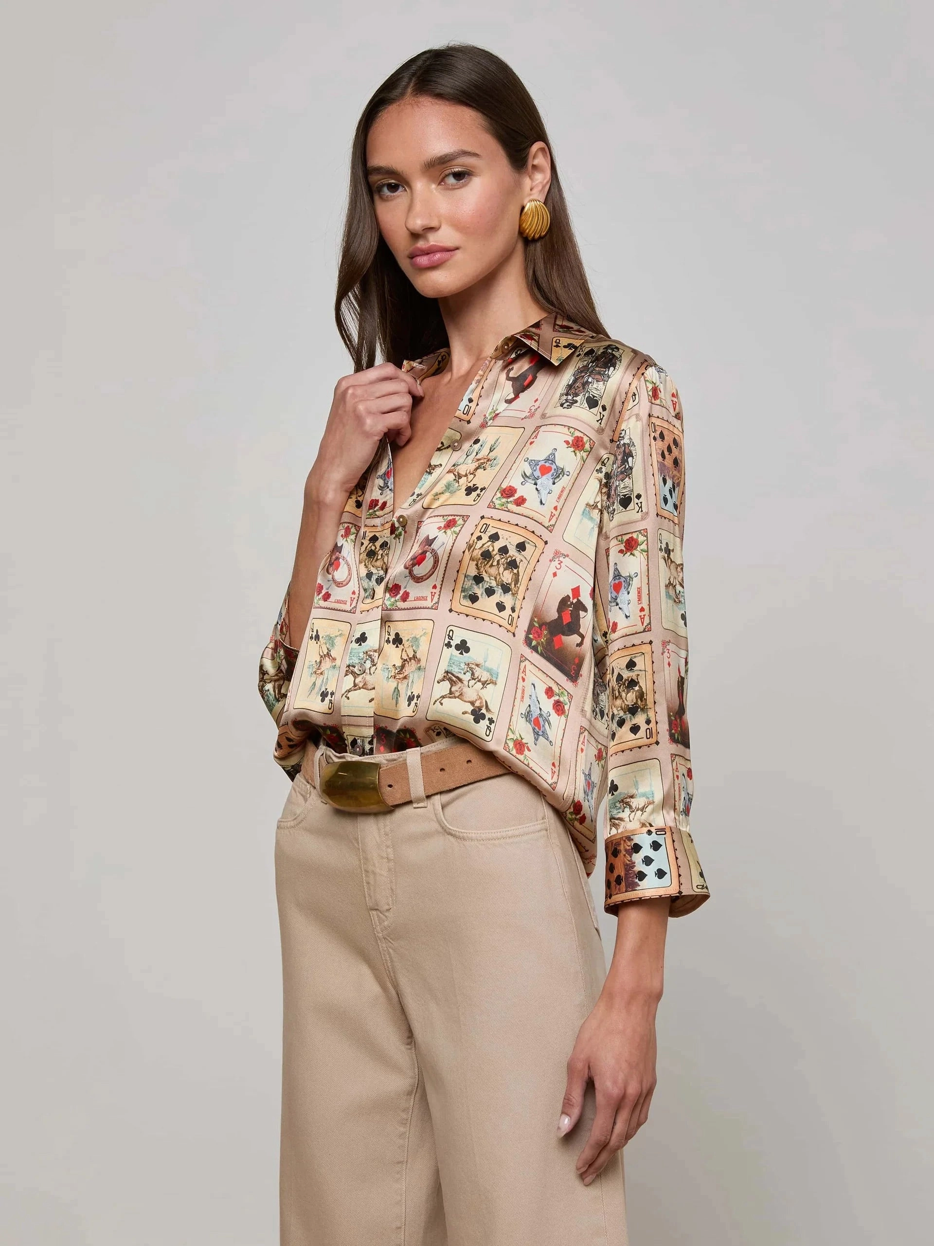 Dani Silk Blouse Tan Multi Western Cards AntiPilling