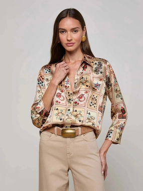 Dani Silk Blouse Tan Multi Western Cards MoistureWicking Fabric Self Fabric Tie Closure