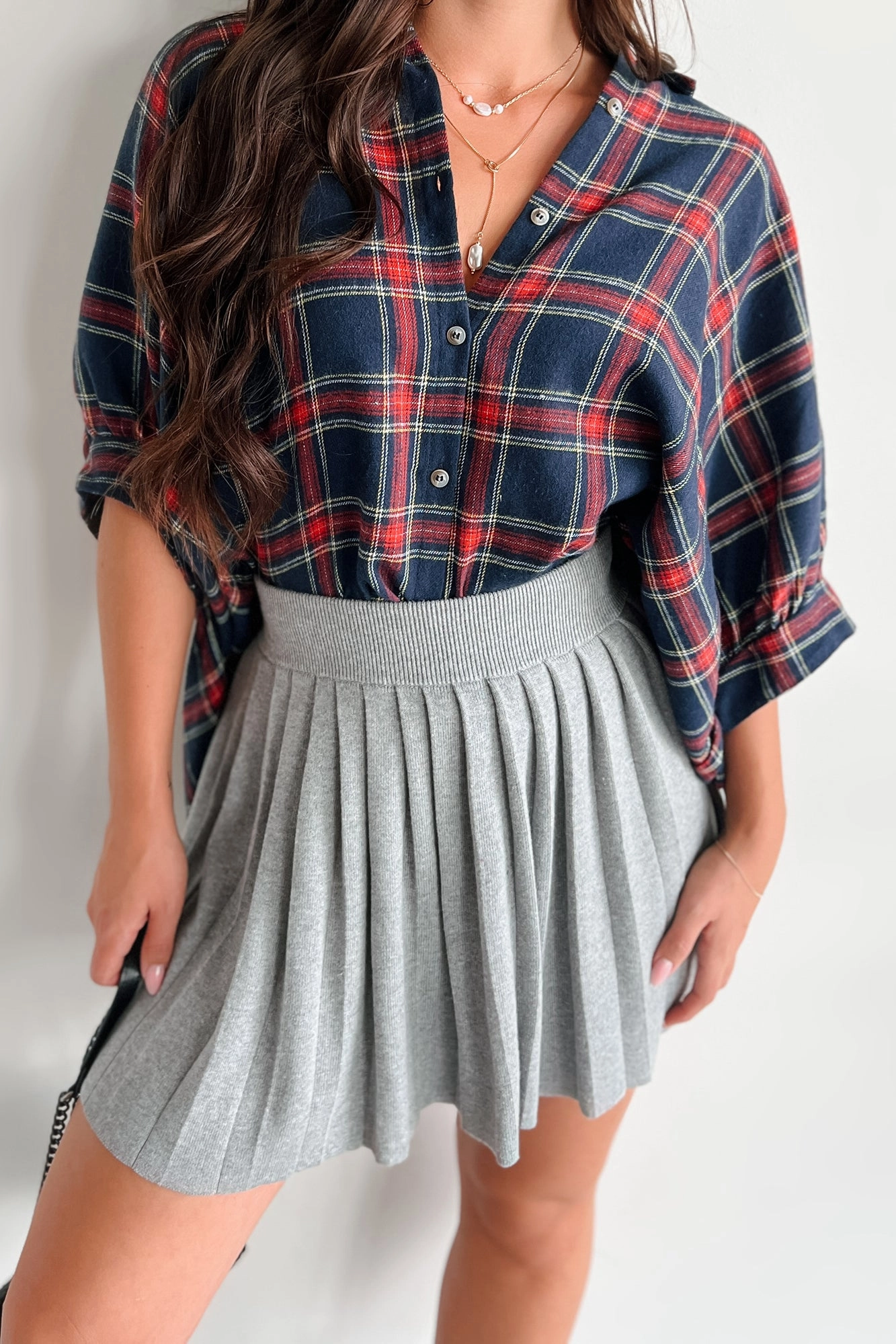 Bijou Plaid Oversized Button-Down Shirt (Navy) MultiPocketDesign FrictionResistant Fabric