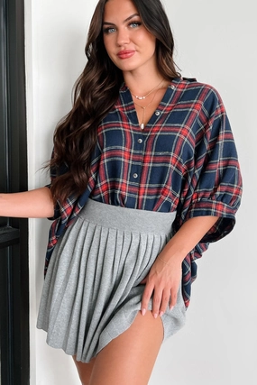 ButtonFront Bijou Plaid Oversized Button-Down Shirt (Navy)