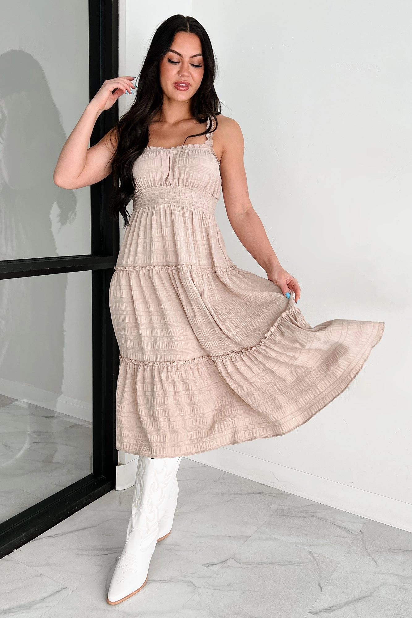 Quiet Elegance Ruffle Tiered Midi Dress (Almond) Light Outfit Sheer Element