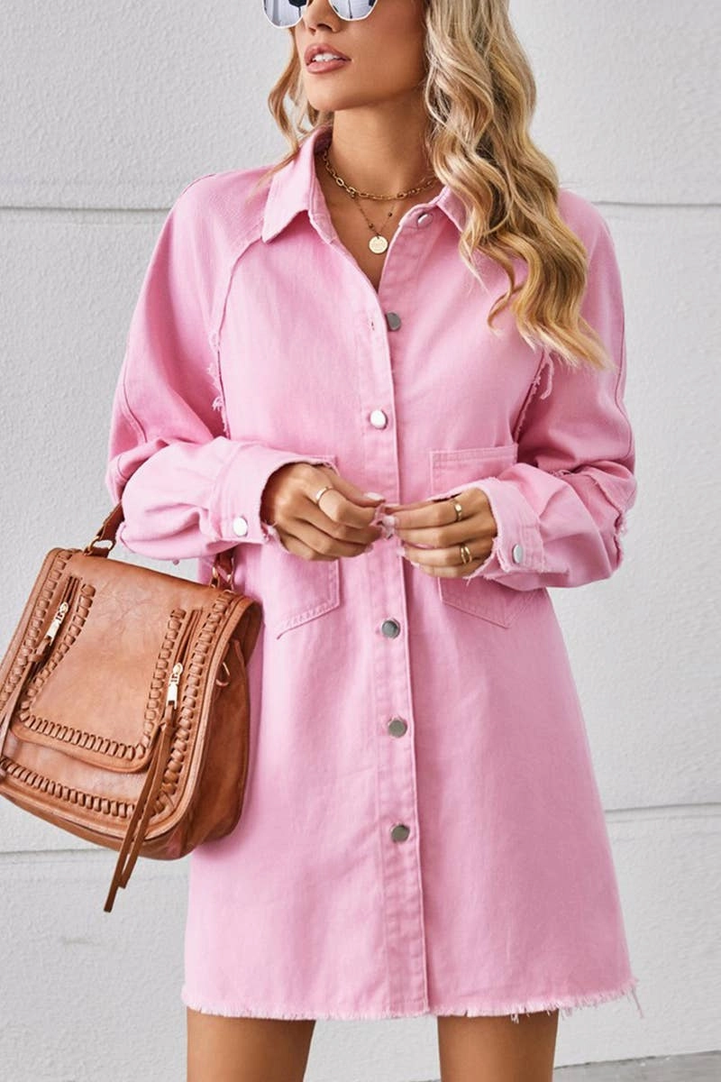 2024 RAW EDGE CARDIGAN DENIM PATCHWORK SHIRT DRESS_CWDSD2577 Work-Ready Look Minimalist Layering