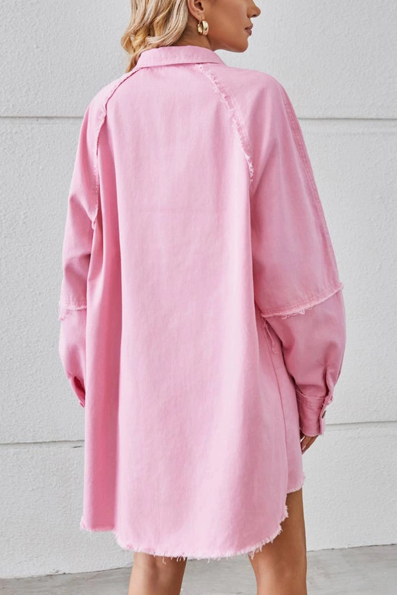 2024 RAW EDGE CARDIGAN DENIM PATCHWORK SHIRT DRESS_CWDSD2577 Relaxed outdoor dress