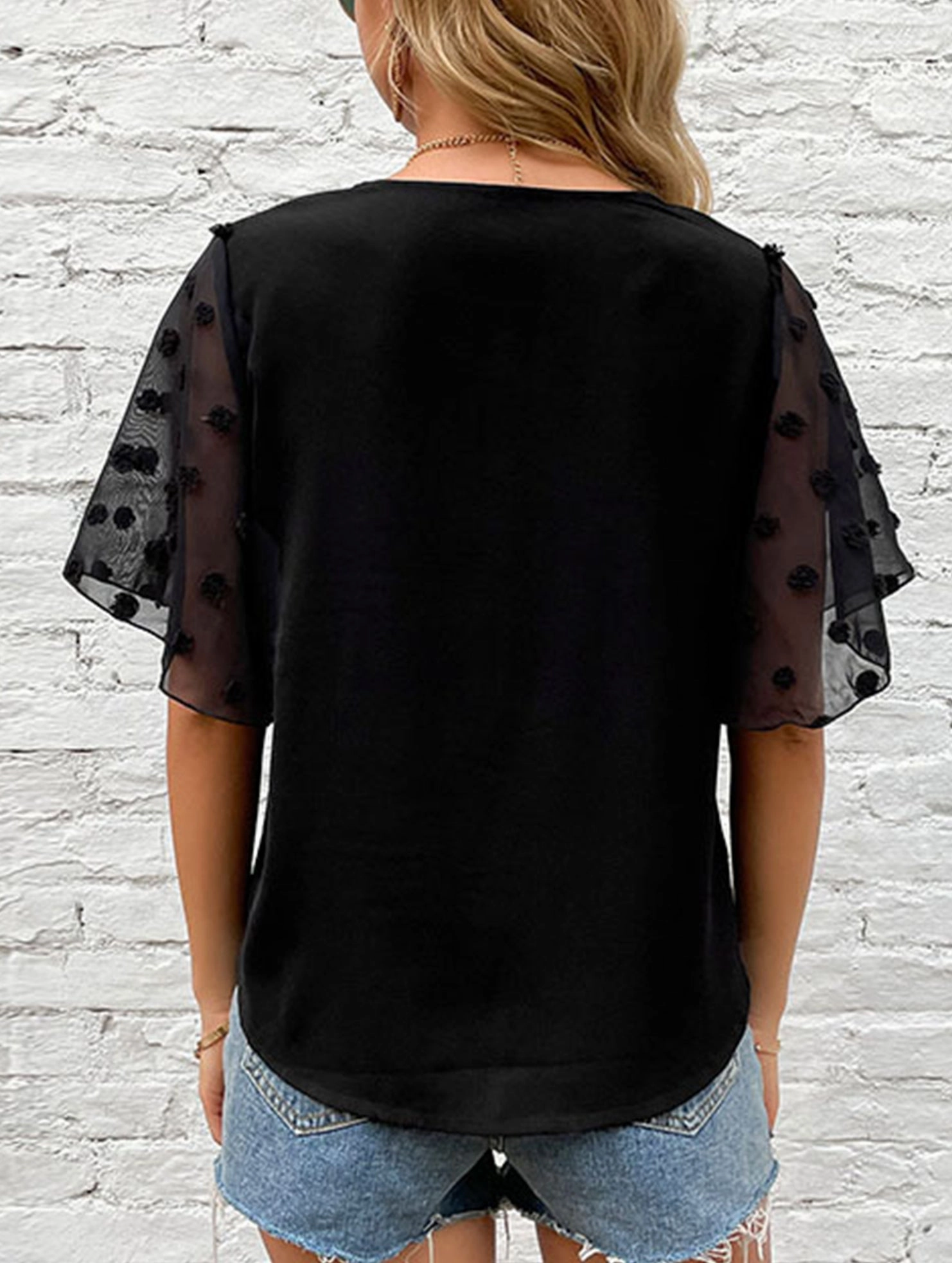 PunctureResistantReinforcement Anti Pilling Finish BLACK V-NECK GAUZE SEE-THROUGH BLOUSE_CWTBLS0874