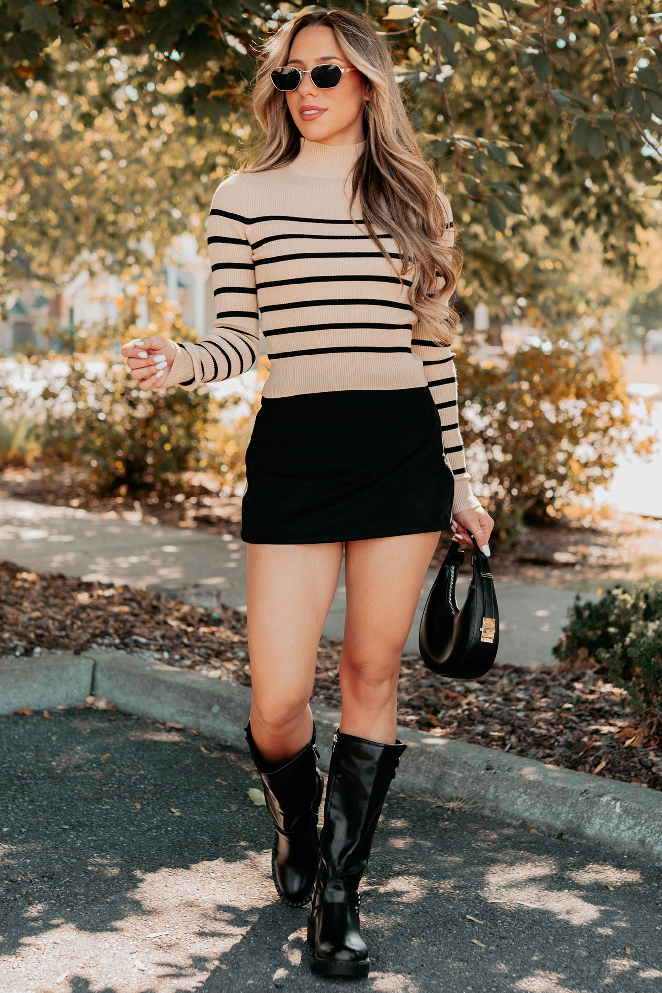 Blissful Rest Striped Mock Neck Sweater Top (Taupe/Black) SubtleTexture Two Tone Weave