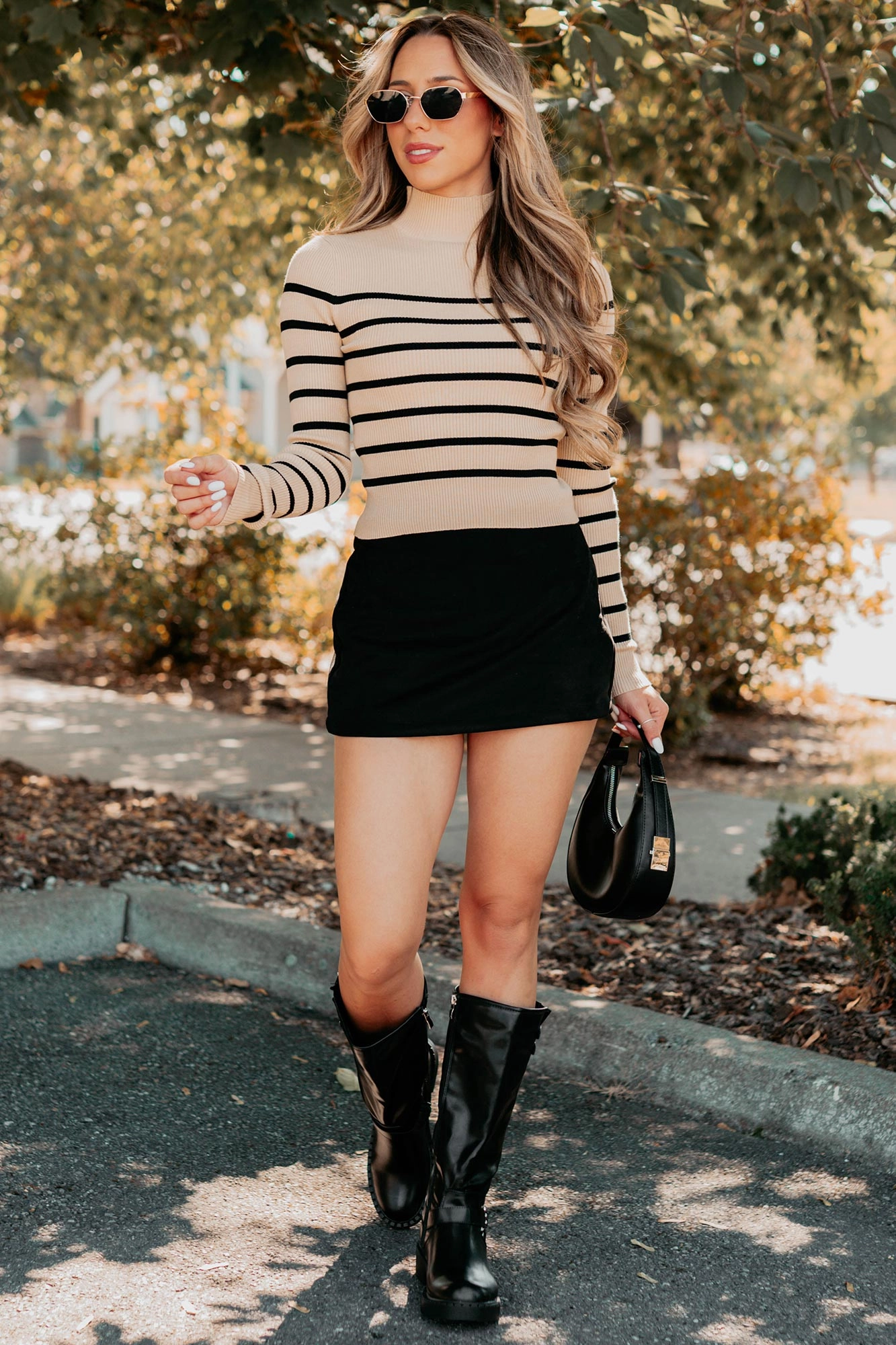 Bound Seam Finish Blissful Rest Striped Mock Neck Sweater Top (Taupe/Black)