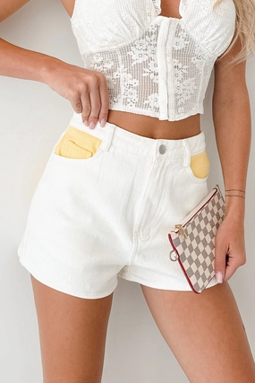 Blooming Anyway Contrast Denim Shorts (Off White/Yellow) Sleek Waist Weekend Wear