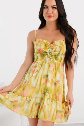 Anniversary-Event Work Vibes Blooming Days Smocked Floral Mini Dress (Green)