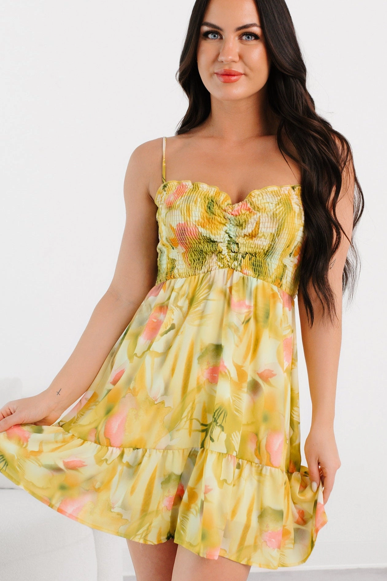 Daily Silhouette Trendy Layer Blooming Days Smocked Floral Mini Dress (Green)