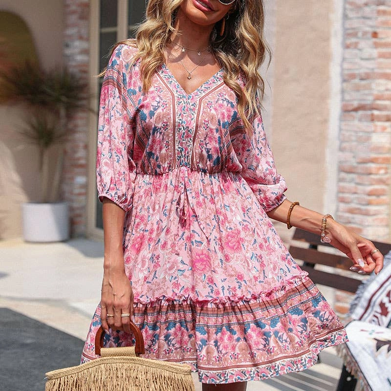 BOHO HALF-SLEEVED FLORAL DRESS_CWDSD3867 Fashion Layers Functional Comfort