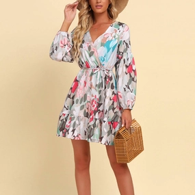 BOHO STYLE V-NECK PRINT LACE-UP LONG-SLEEVED DRESS_CWDSD4304 Sophisticated Fit soft look