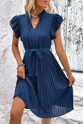 Chill Wear Lounge Style WOMEN RUFFLED HIGH NECK PLEATED KNEE LENGTH DRESS