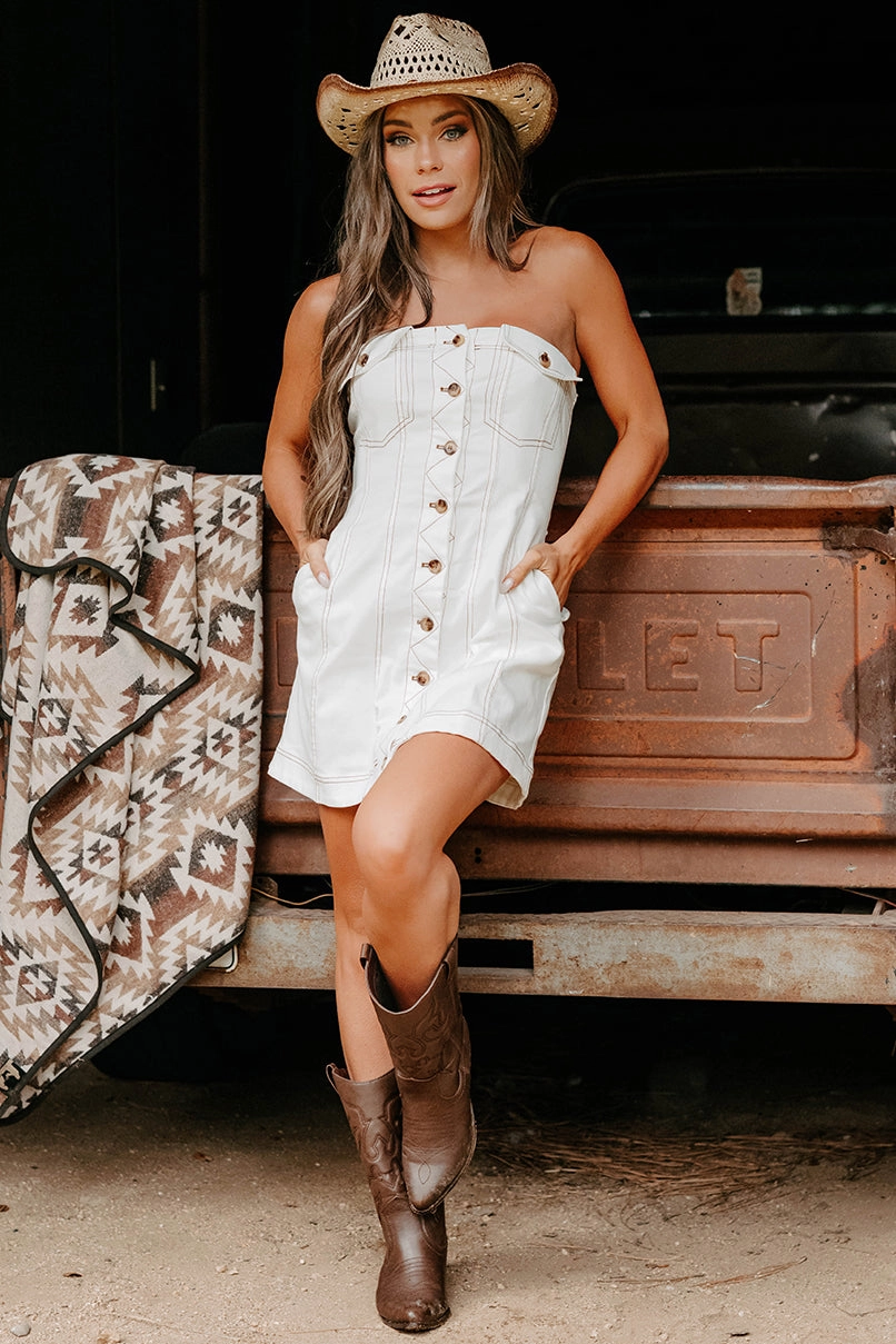 In Her Element Strapless Denim Mini Dress (White) Classic Layers