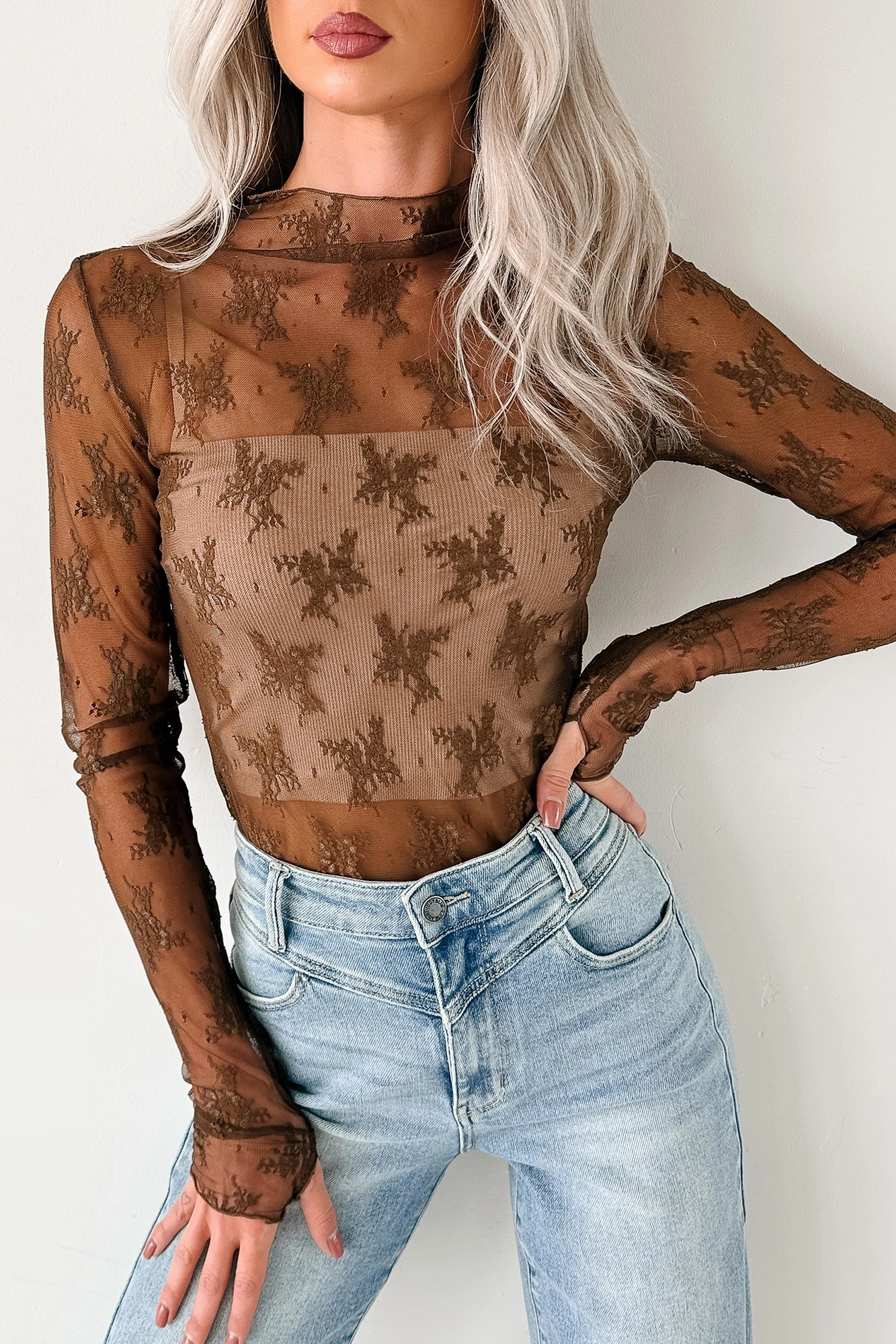 Circular Knit Technique Breathable Design Bold & Brave Floral Lace Long Sleeve Top (Brown)