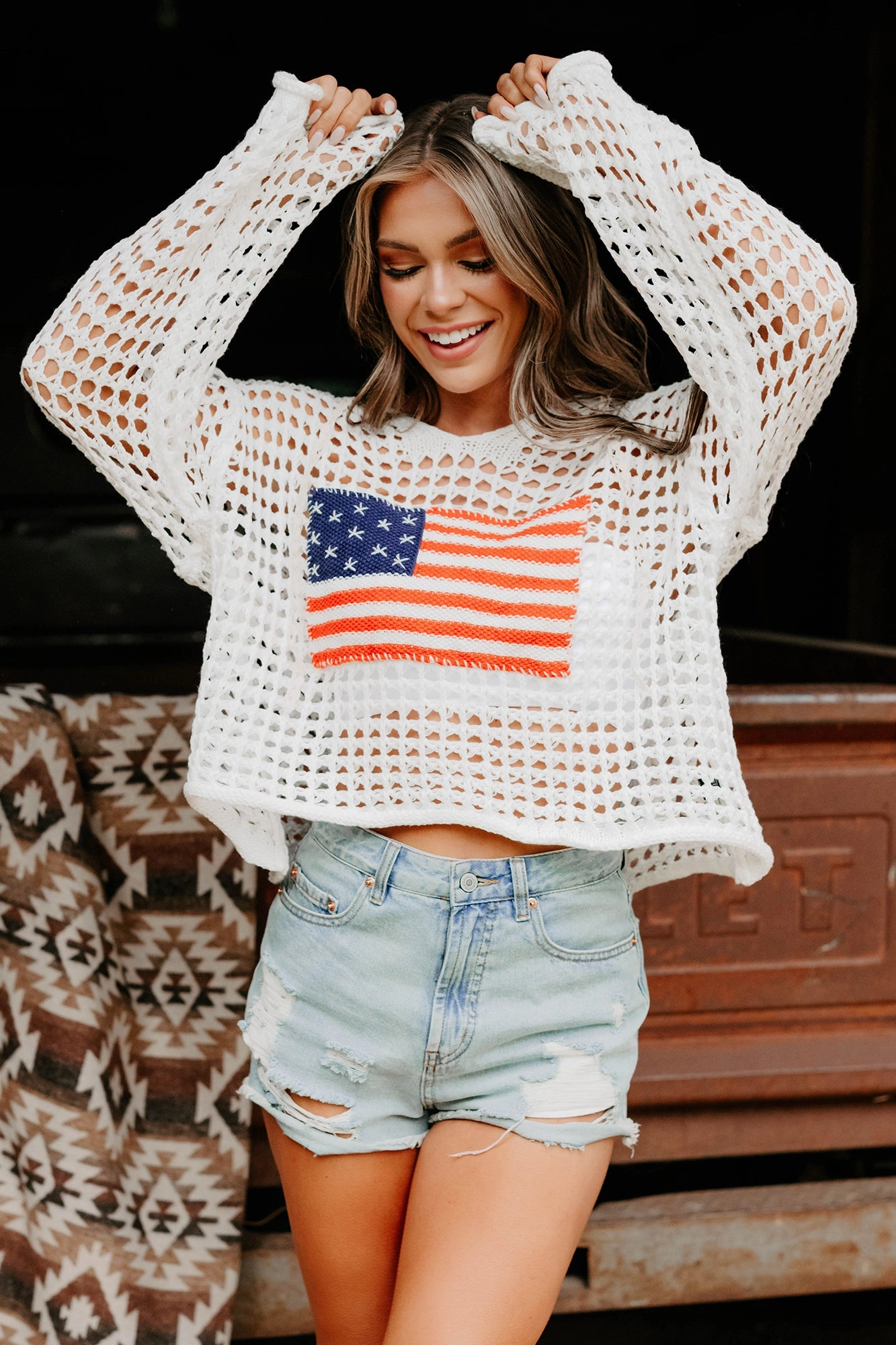 Born Free American Flag Crochet POL Hoodie (Ivory) Summer Dress AthleisureCompatible