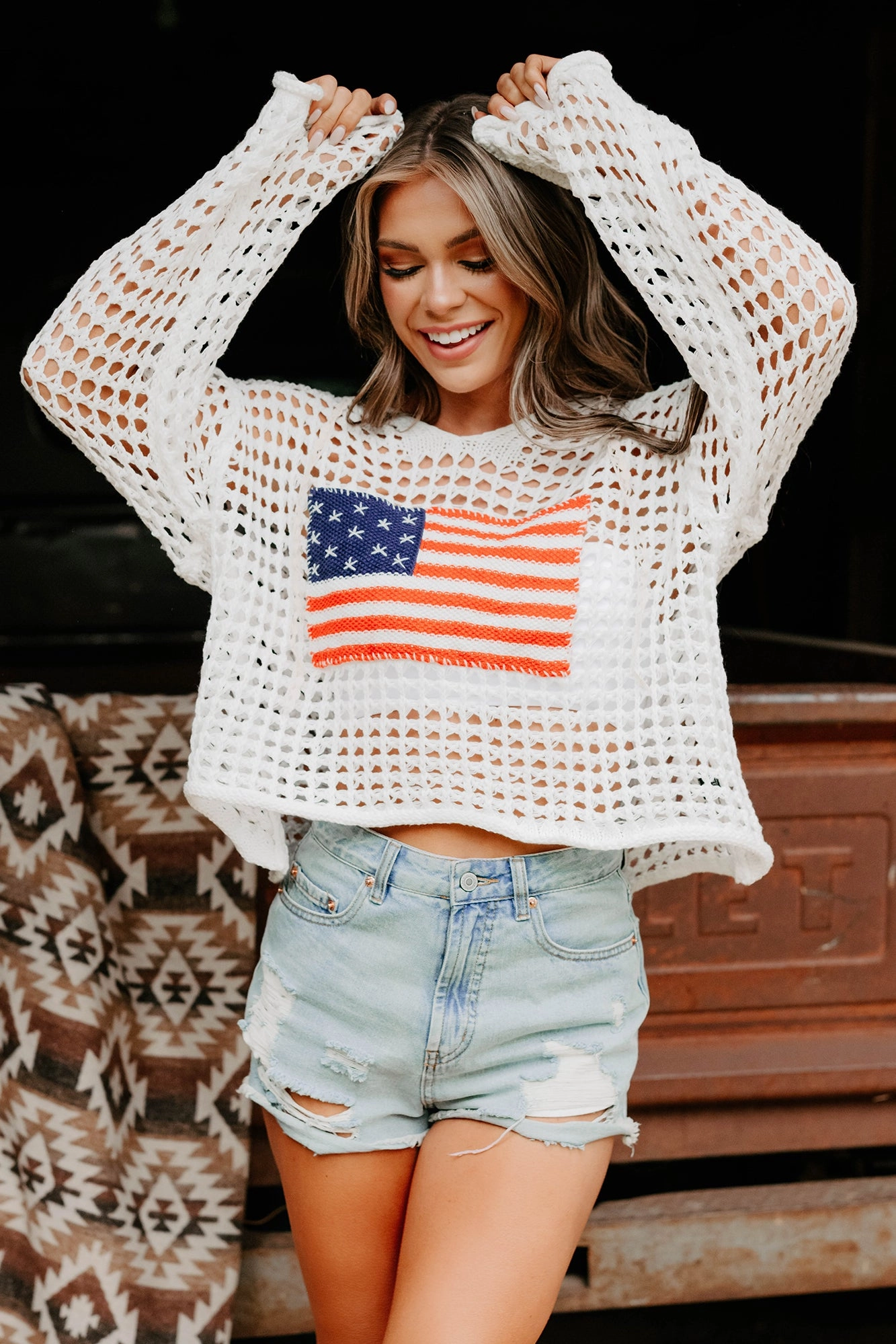 Born Free American Flag Crochet POL Hoodie (Ivory) Flexible Knit Relaxed Crew Neck Opening