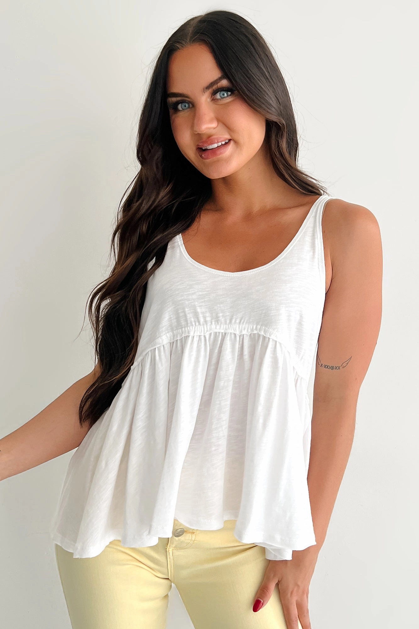 Booked By Brunch Sleeveless Ruffle Top (White) SnagProof