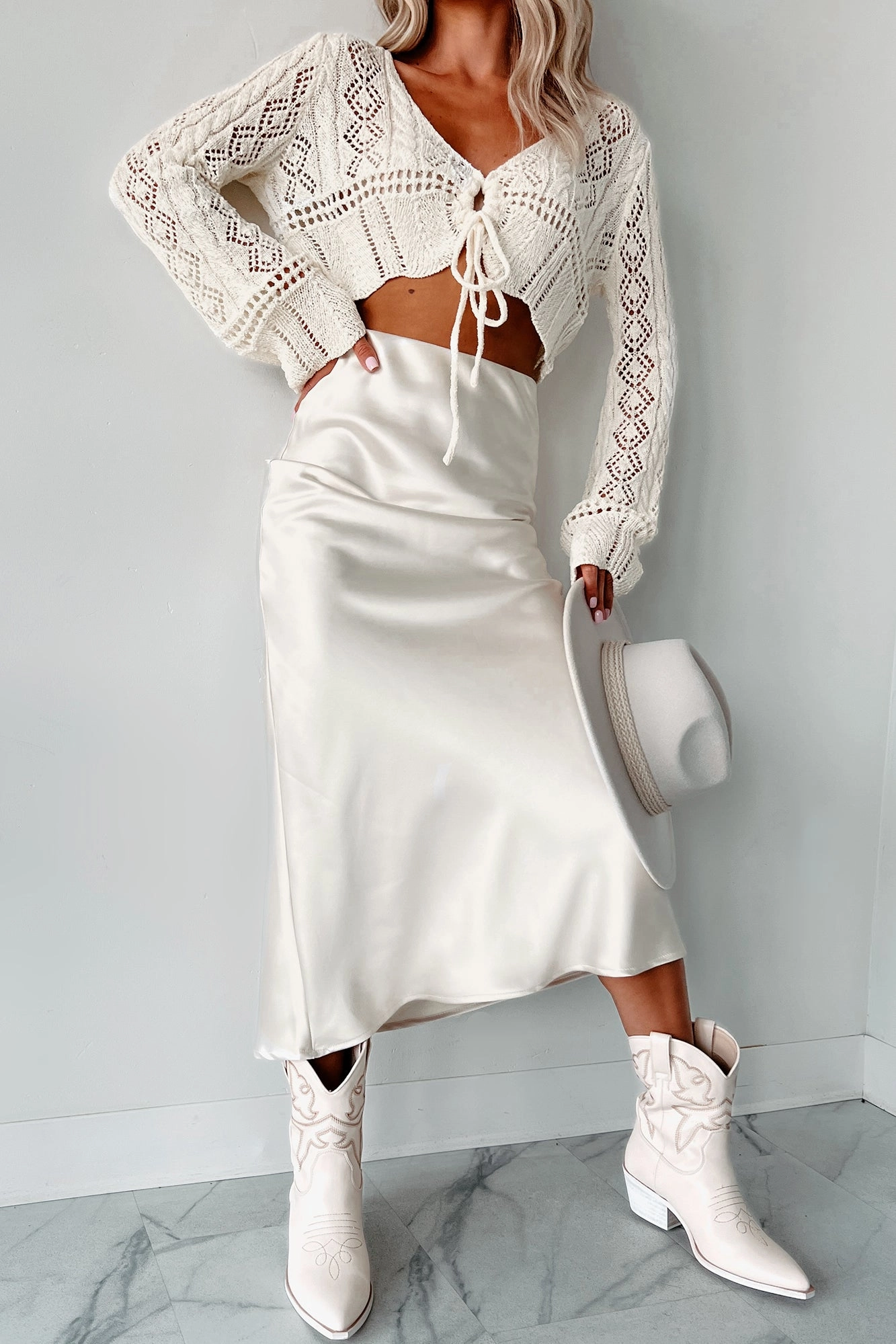 Practical Fit Posh Direction Satin Midi Skirt (Cream)