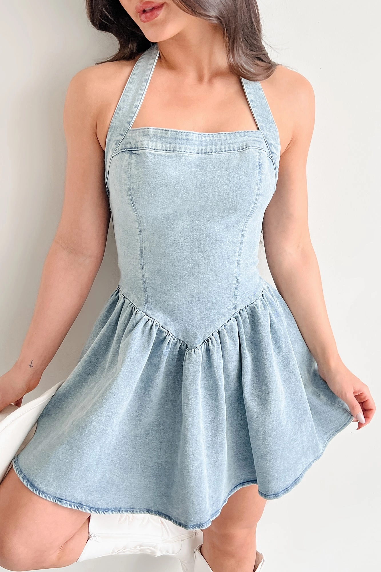Keeping It Playful Halter Denim Mini Dress (Light) Curve Friendly