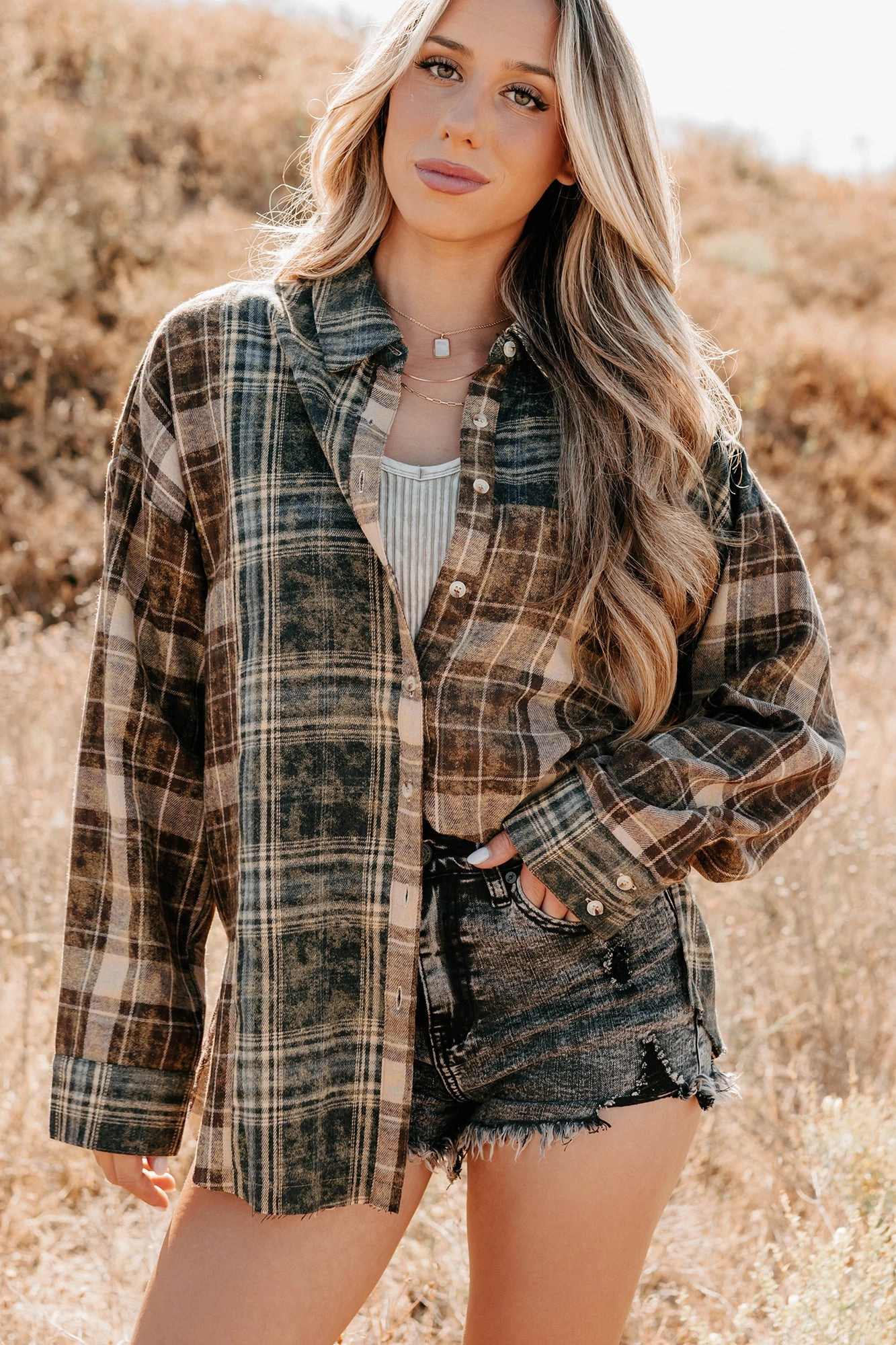 Recycled Polyester Blend Rain Or Shine Plaid Button-Up Top (Brown Midnight) - Ships by 10/9