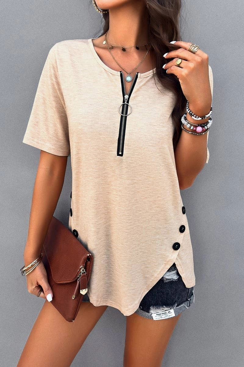 Hidden Zipper Pocket VNeck Style CASUAL SOLID COLOR SHORT SLEEVE TOP_CWTSTS0172