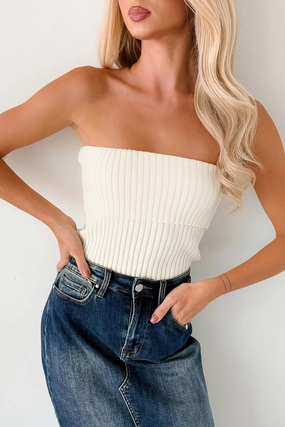 Cozy Corner Ribbed Strapless Fold Over Top (Cream) Casual Fit