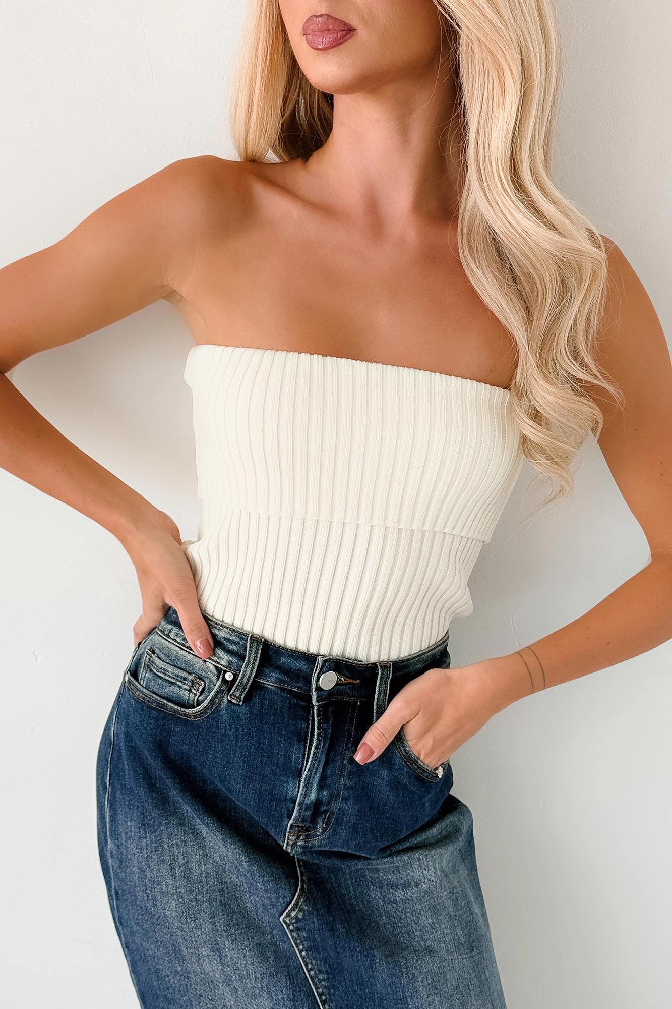 Flatlock Seam Wool Sweater Cozy Corner Ribbed Strapless Fold Over Top (Cream)