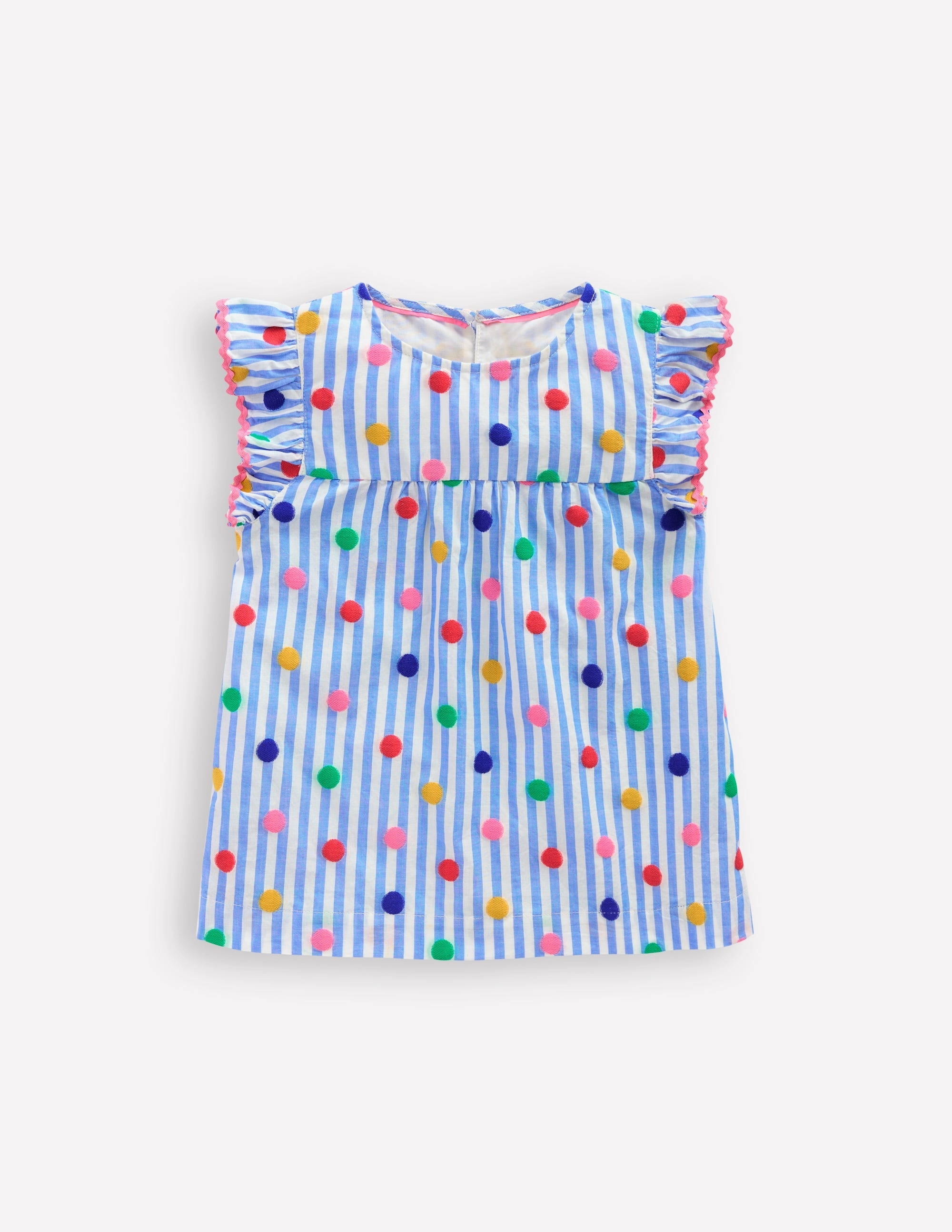 Frill Sleeve Woven Top-Peacock Plume Blue Spot Adjustable Cuff System